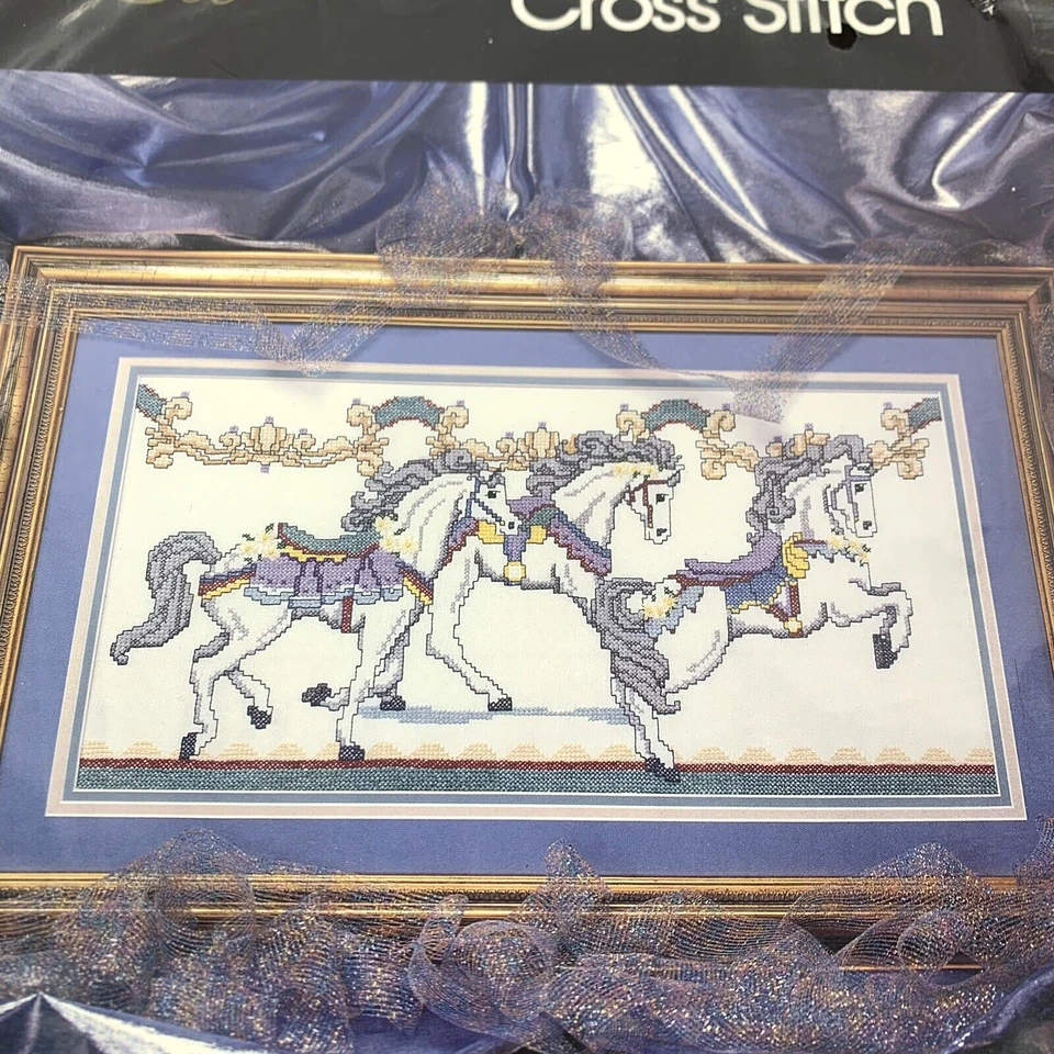 Golden Bee Stamped Cross Stitch Kit Carousel Horses Picture 20409 Vintage New - Image 2 of 4