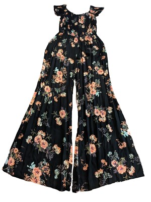 Band Of Gypsies Floral Wide-Leg Jumpsuit W/ Pockets, black, Size 