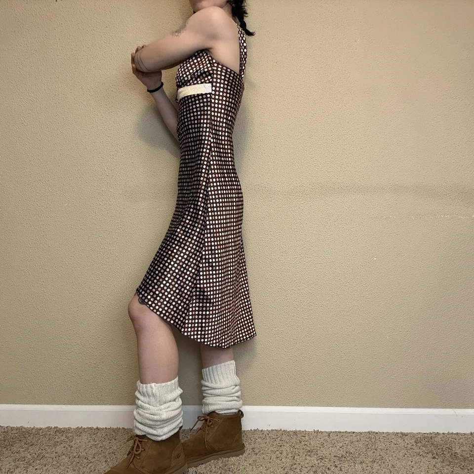 BCX y2k girly brown sleeveless polka dot v neck dress w/ high low hem women's XS - Image 4 of 4