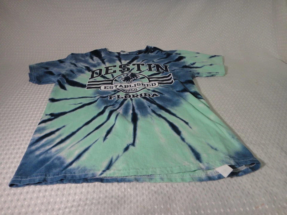 Camiseta Destin Florida Souvenir Verde y Azul Tie Dye Algodón Talla Niños M Gildan Foto 3 de 4