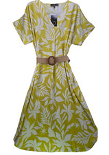 Fred David Yellow Belted Summer Midi Dress Womens L Yellow & White Palm Print