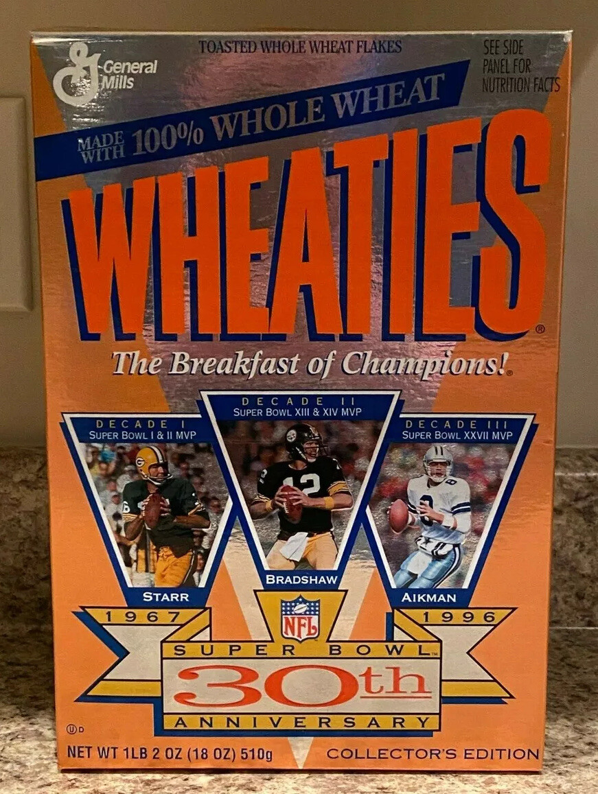 Wheaties Super Bowl 30th Anniversary Cereal Box Bradshaw Aikman Starr Full 1996 eBay