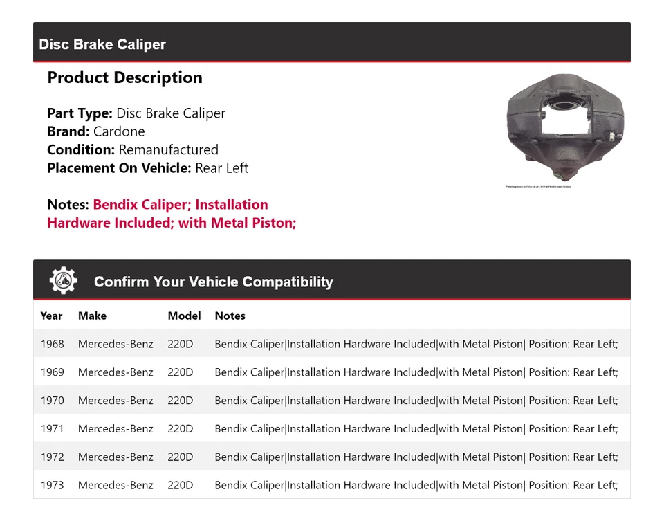Pinza de freno de disco trasera izquierda cardone 1969 1970 para Mercedes-Benz 220D 1968-1973 Foto 2 de 4
