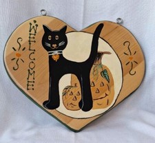 Halloween Black Cat Pumpkin Heart Hand Painted Welcome Sign Wood, Kitsch