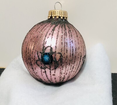 Vintage Pink Shiny Brite Ornament Mica Glitter Painted Flowers Christmas 1950 s