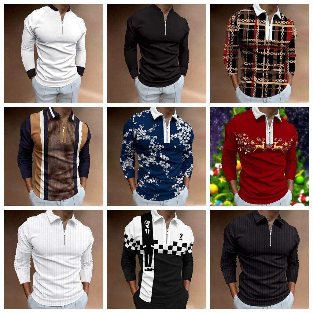 Polo Shirt Men Zipper Collar Fashion Long Sleeve Two Tone Sport Golf Zip T  Dress