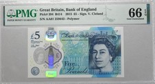 Bank of England Great Britain 5 Pounds 2015 Prefix AA01 PMG  66EPQ  Polymer