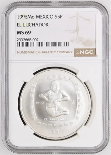 Mexico El Luchador $5 Pesos 1996 BU, Top Pop (1 of 2). NGC MS69. Very Rare.