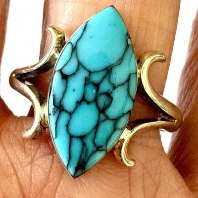 Navajo Turquoise Ring Naja Shape Sz 10 Marquis Signed Castillo Squash Blossom