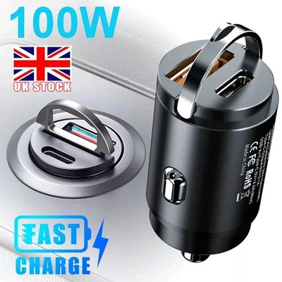 100W Fast Car Charger Mini Dual USB Type-C PD Socket Adapter For iPhone Samsung