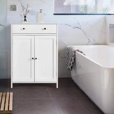 Floor Cabinet Wooden Bathroom Storage Cabinet w/ Drawer & 2 Shelves Organizer