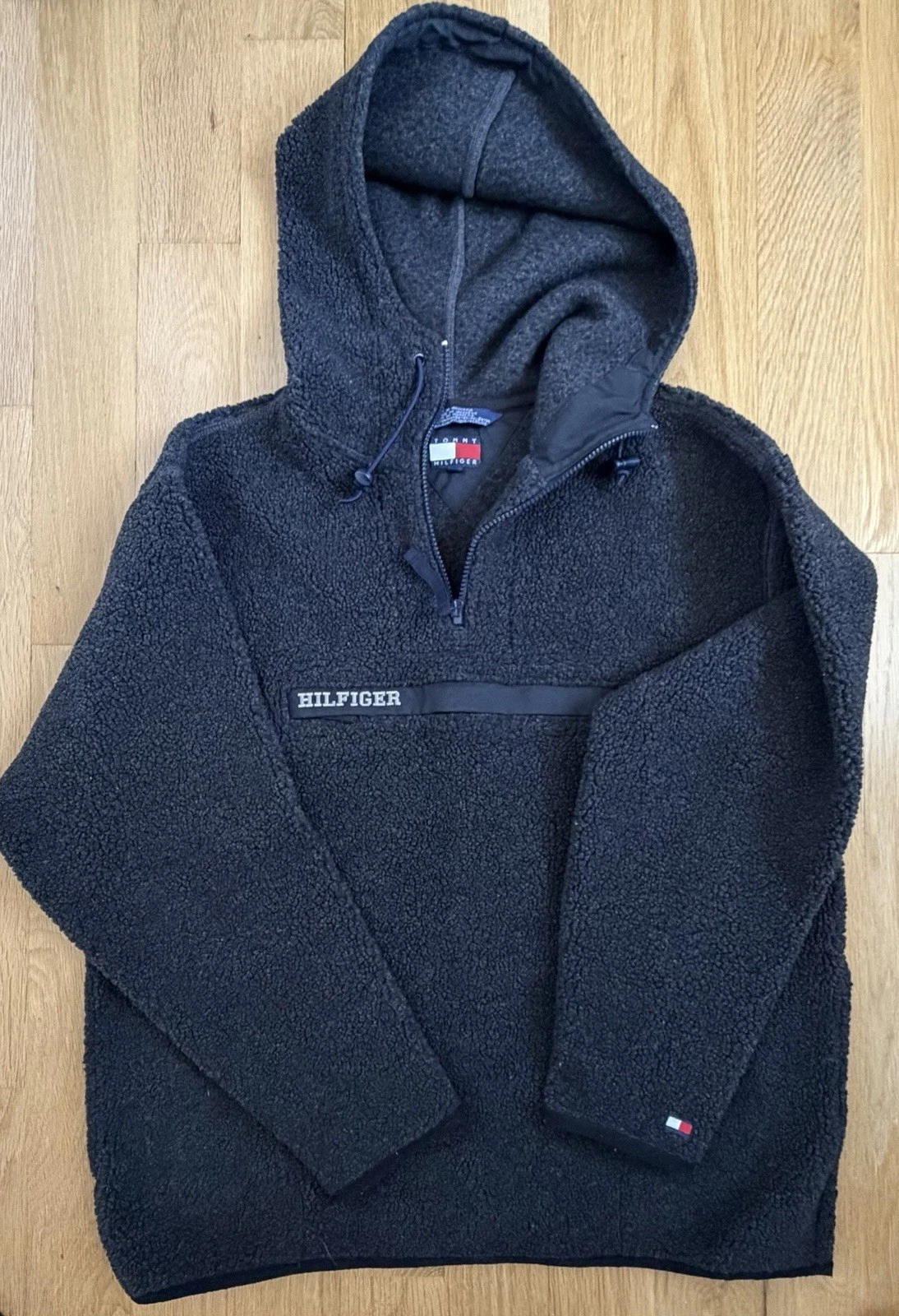 VINTAGE Tommy Hilfiger 1/4 Zip Reverse Fleece Hoodie BLACK Medium