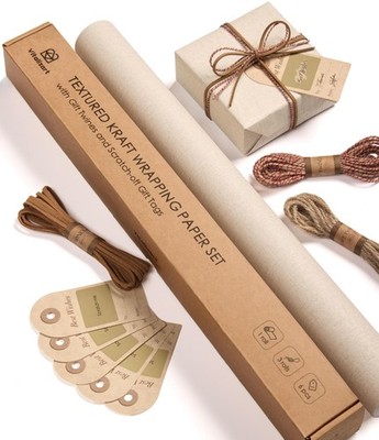 Vitalizart Textured Wrapping 17 Inch, Netural Beige Paper & Twine Ribbons Set 