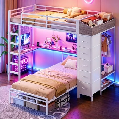 Bunk Bed Twin Over Twin with Storage Hall Tree, Charging Station and LED Lights