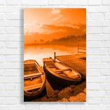 Lake and Docked Boats Orange Canvas Print Large Picture Wall Art