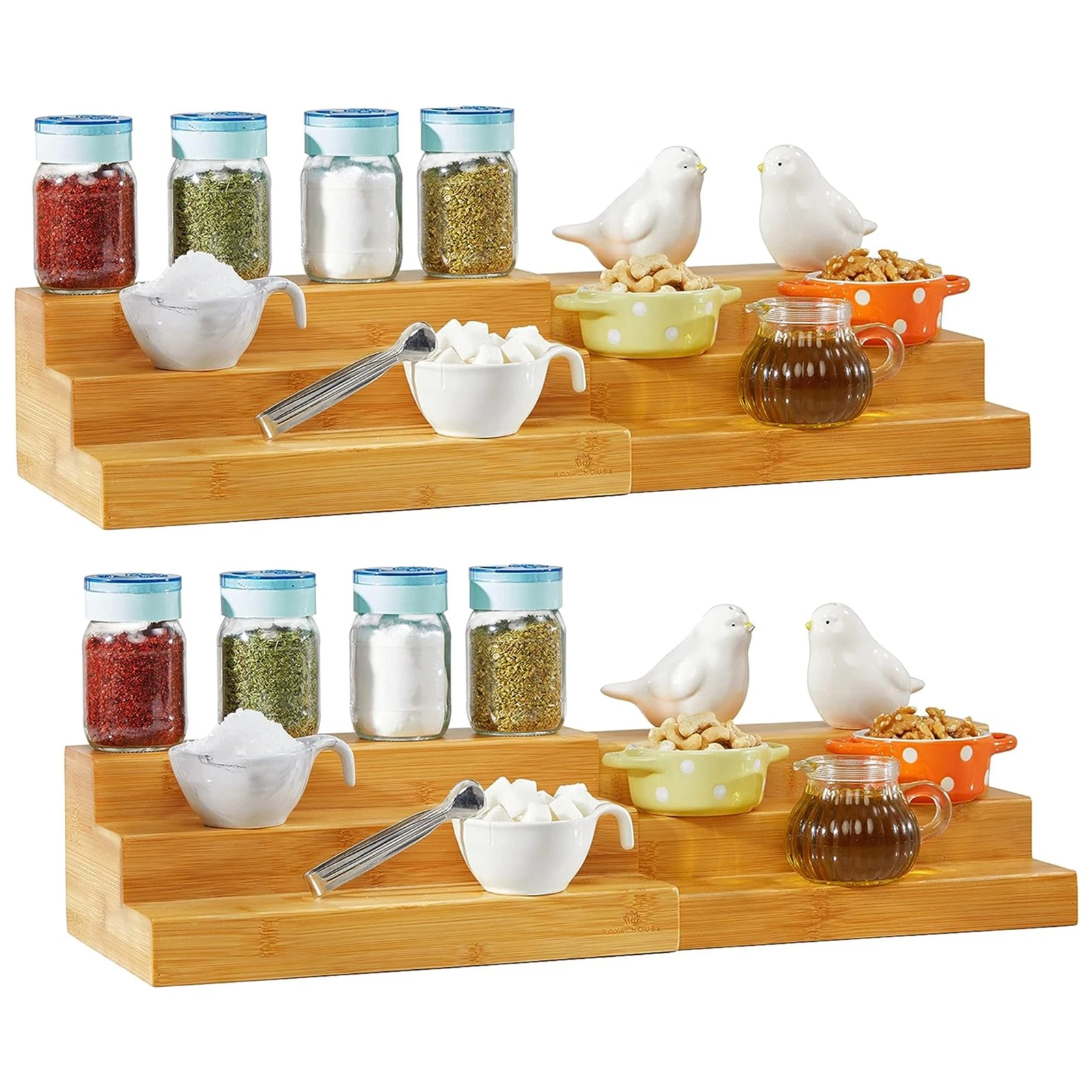 Bamboo Expandable Spice Rack Organizer, 3-Tier Adjustable Kitchen Cabinet, Co...