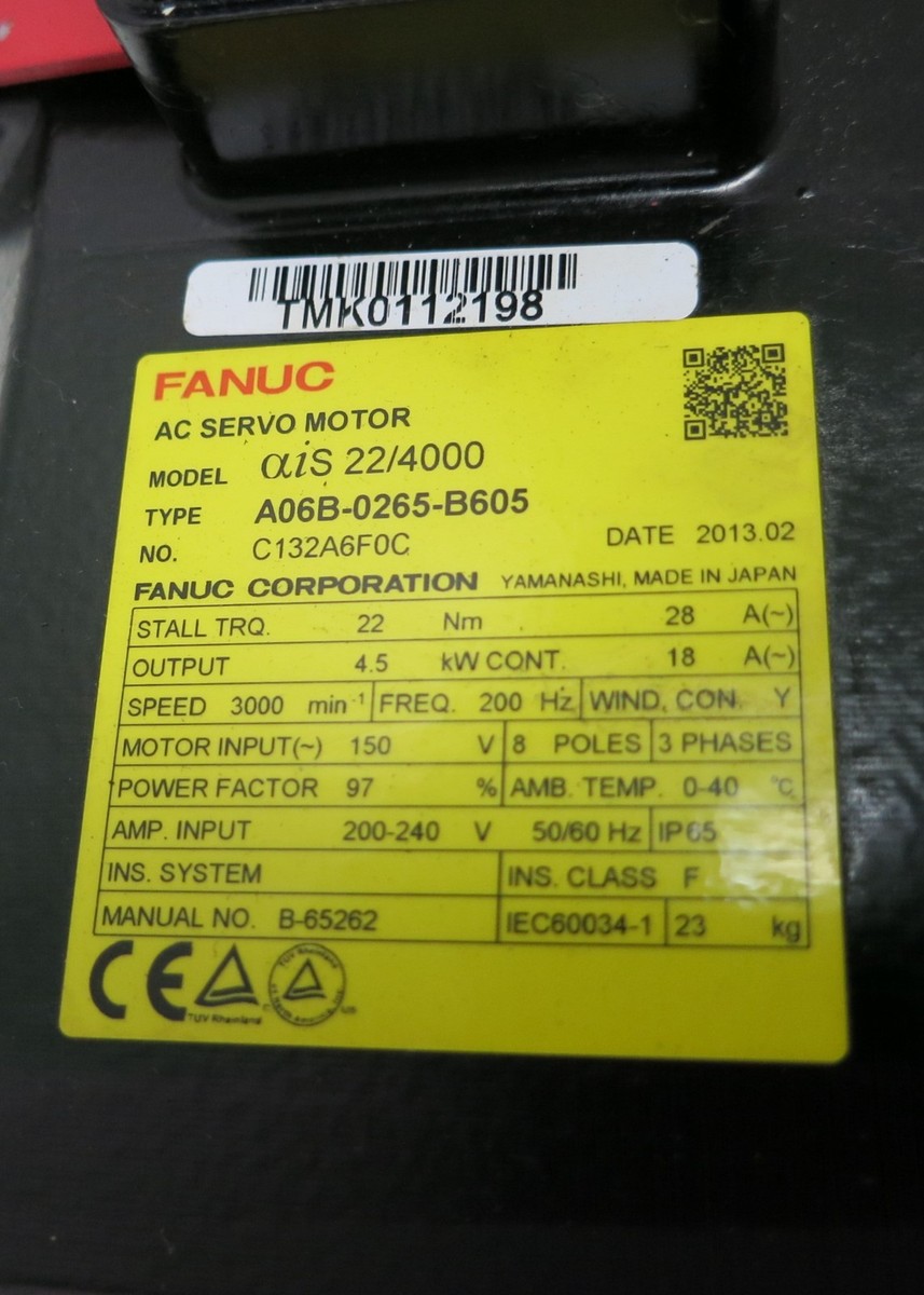 Fanuc aiS 22/4000 A06B-0265-B605 3000 RPM AC Servo Motor