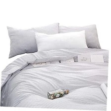  - Striped Cotton Duvet Cover Set, Ticking Stripe Pinstripe Queen Gray White