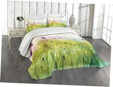 Watercolor Bedspread Set, Abstract Blurred View Queen Purple Apple Green White