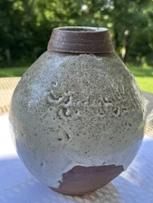 Christiane Knorr Large Signed Glazed Vase Thrown Pottery Light Grey On Brown