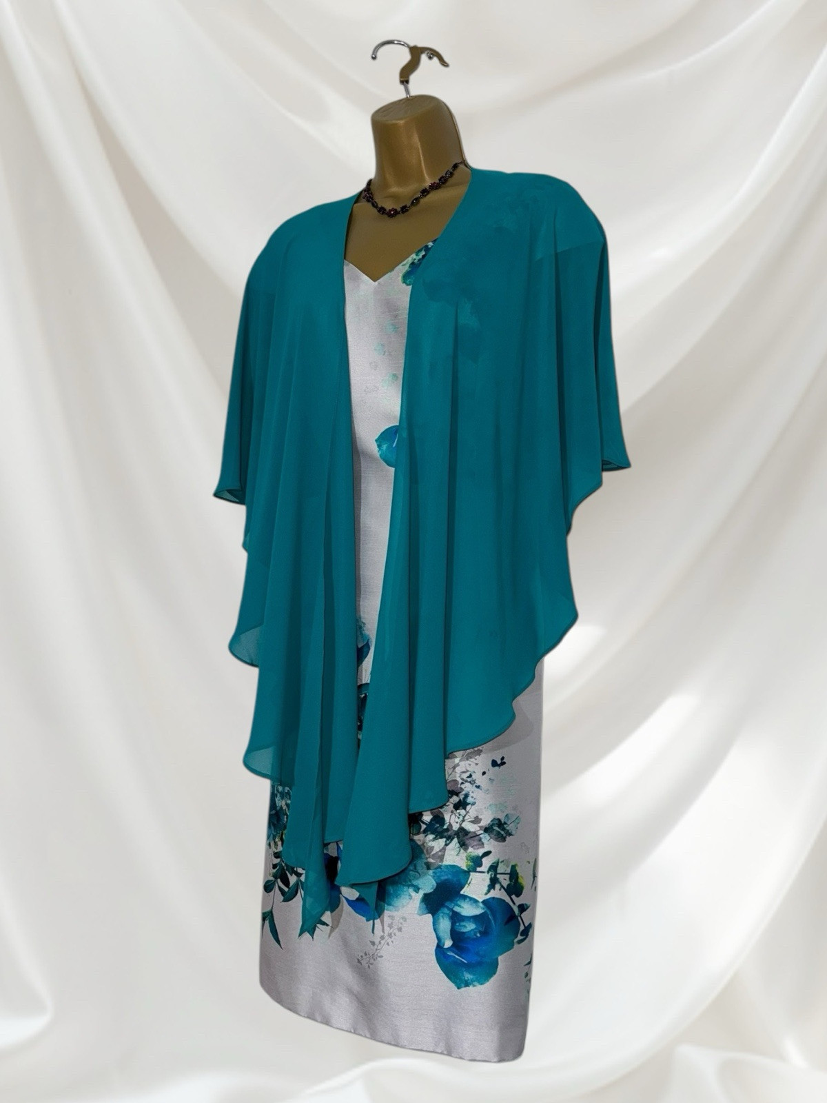 JACQUES VERT UK 14 Grey Teal Mother Of The Bride Outfit Dress & Shawl Fascinator image 6