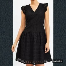 LOFT Black Eyelet V Neck Short Flutter Sleeve Cotton Blend Dress Size 14