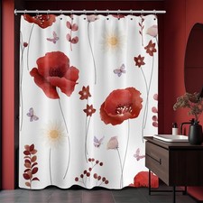 Burgundy Watercolor Floral Shower Curtain Dark Red and White Spring Summer Mo...