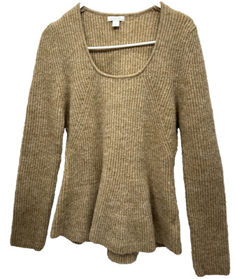 Cache XL Tan Ribbed Knit Peplum Sweater Top Scoop Neck Long Sleeve Soft Cozy