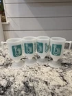 4 Vtg Federal Milk Glass Pedestal Cups Mugs Turquoise Roosters Farm Kitchen MCM