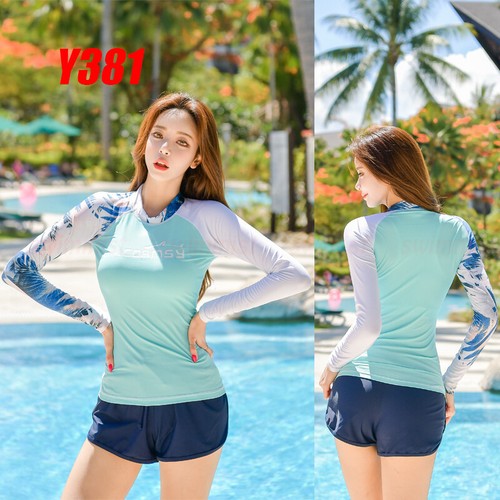 NEW WOMEN'S RASH GUARD BEACH LONG SLEEVE SURF WETSUIT SWIMSUIT SHIRTS+SHORTS SET - Picture 14 of 27