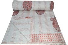 Vintage Block Kantha Quilt Blanket Indian Bedspread Coverlet Throw Art