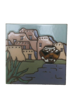 Mag Mor Art Tile Hand Painted Trivet Coaster Sante Fe, New Mexico Scene 6 x 6