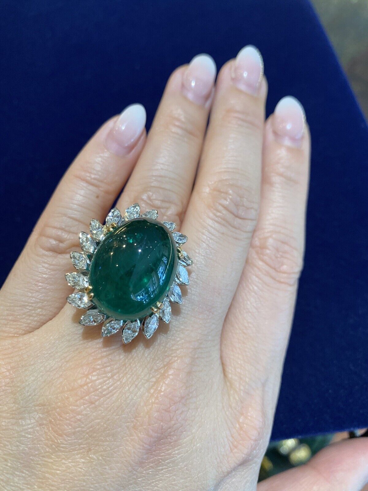 GIA 29.20 ct Natural Cabochon Emerald Ring w/ Mar… - image 1