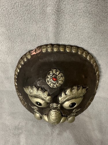10" Vintage MASK wood VTG Tibetan Mahakala silver copper brass buddhism Nepal - Picture 5 of 10