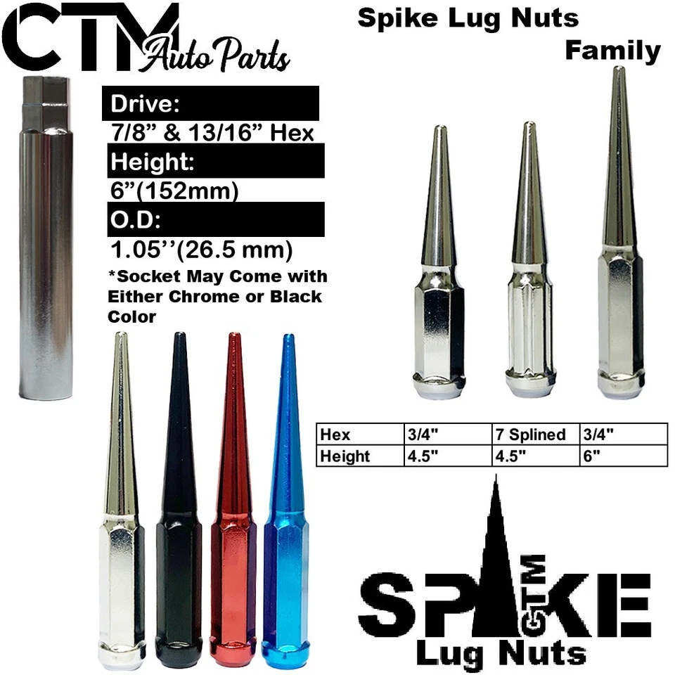20x 6" Xtra Tall Chrome 12x1.5 Spike Lug Nut +Key Fit Chevy Malibu Corvette More - Image 2 of 4