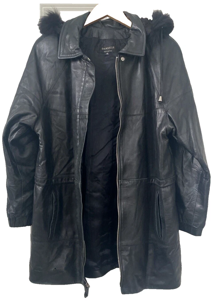 VTG Damselle NY Black Leather Coat Sz 12 Thermolite Parka Zip Fur Hood - Image 4 of 4