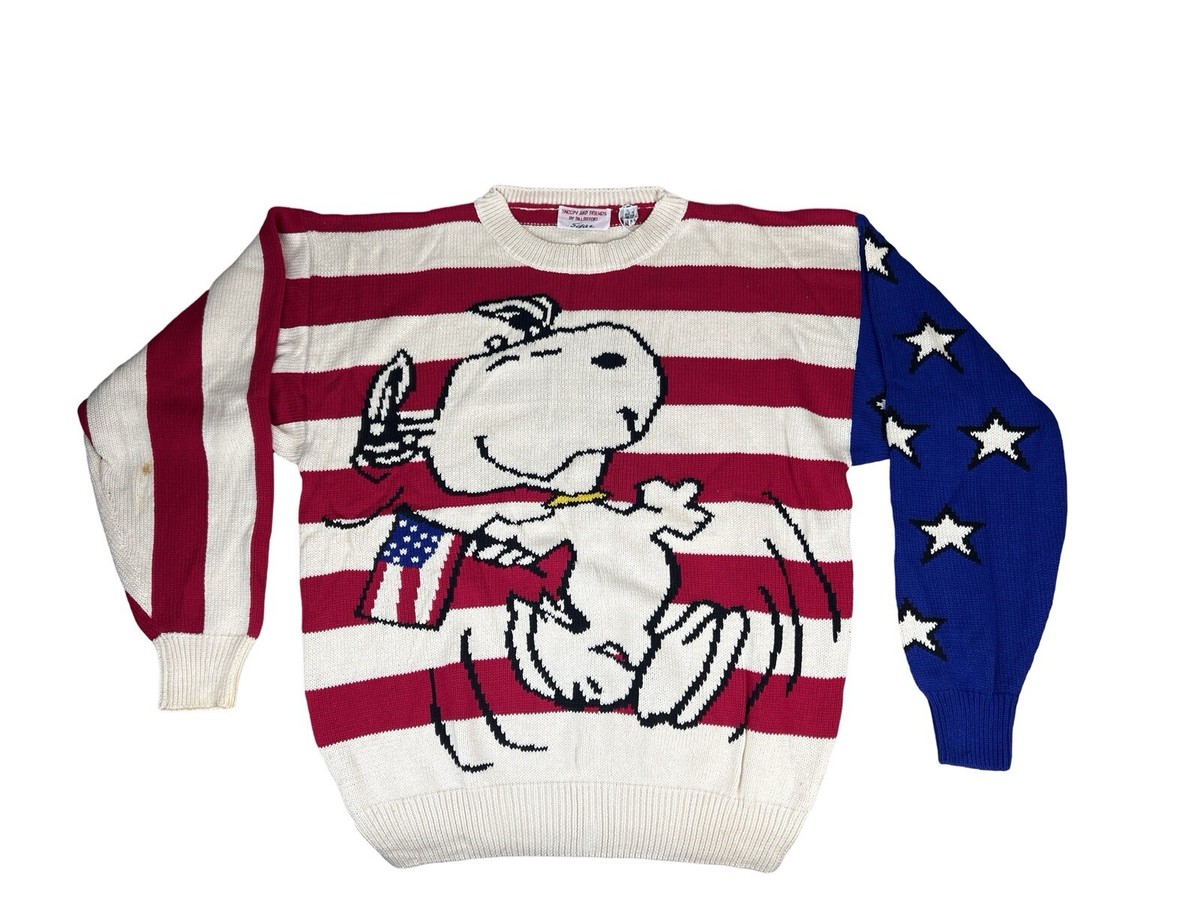 Vintage Snoopy & Friends Bill Ditfort Knit Sweater USA Flag Stars 