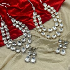 Polki Kundan Necklace Set in Gold & Silver with Earrings Elegant Ethnic Jewelry