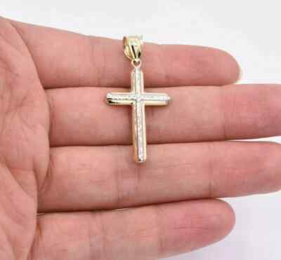 Two-Tone Diamond Cut Cross Charm Pendant 14K Yellow White Gold