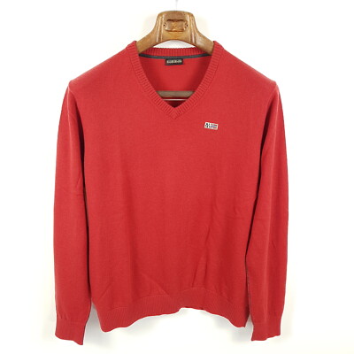 Napapijri Pullover Herren L Rot Wolle Feinstrick Sweatshirt V-Ausschnitt