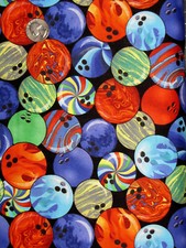 Bowling Fabric Sport Bowl Balls Multi Color on Black Cotton Blank Textiles Yard