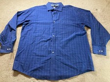 Tommy Hilfiger Mens Size 17.5 34 Button Up Shirt Blue Plaid Long Sleeve Regular