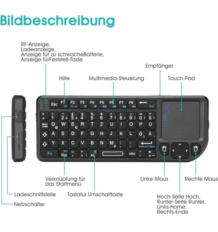 X1 Mini Tastatur Wireless, Smart TV Tastatur, Kabellos Tastatur Mit Touchpad, Mi - Bild 4 von 4