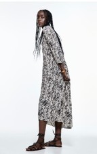 ZARA Printed Dress With Lace Medium M Midi Holiday Assymetric Hem Boho Tunic
