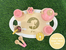 Pink Kids Personalized Wooden Tea Set, Pretend Play, Perfect for Kids Tea Party