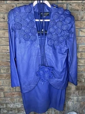 Vintage Judith Ann Creations Blue Soft Leather Jacket And Dress 1980s