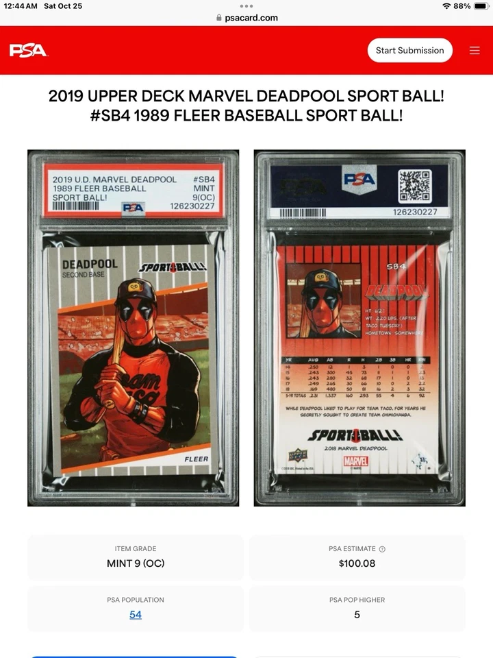 2019 marvel UD upper deck #SB4 deadpool rc; sport ball ‘89 fleer F face PSA 9 OC - Image 3 of 3