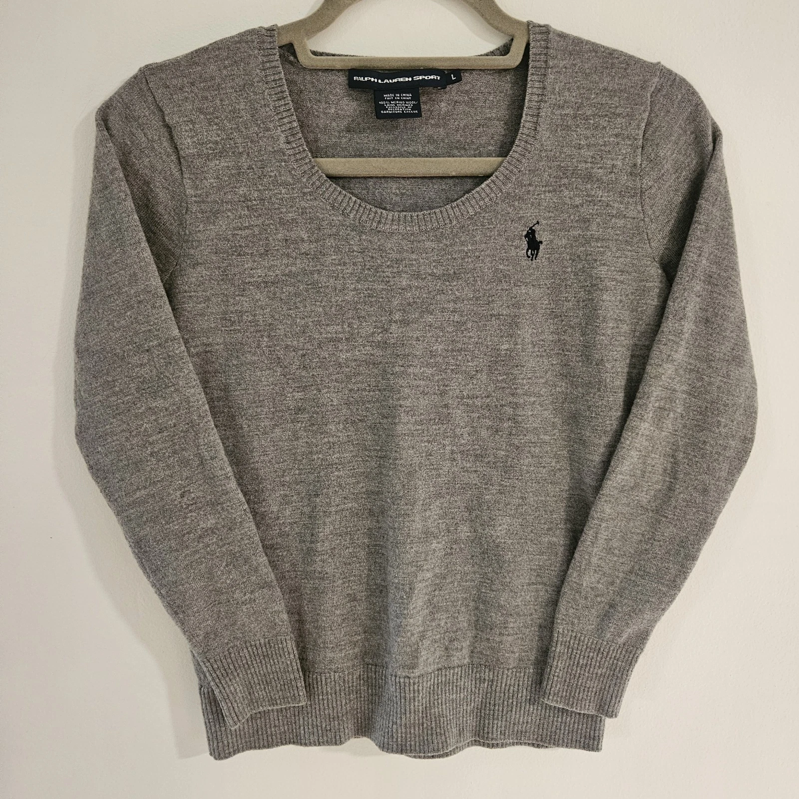 Ralph Lauren Sport Sweater Large Youth 100% Merino Wool Grey Crewneck Pullover
