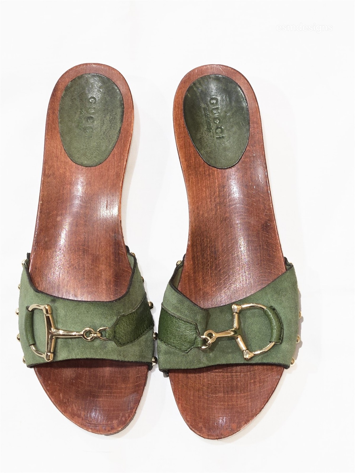 Vintage Gucci Green Suede Horsebit Wood Slide Clogs Sandal 9.5