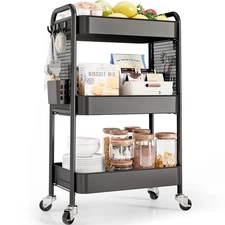3 Tier Rolling Cart Storage Organizer, Metal Rolling Utility Car with Wheels,...